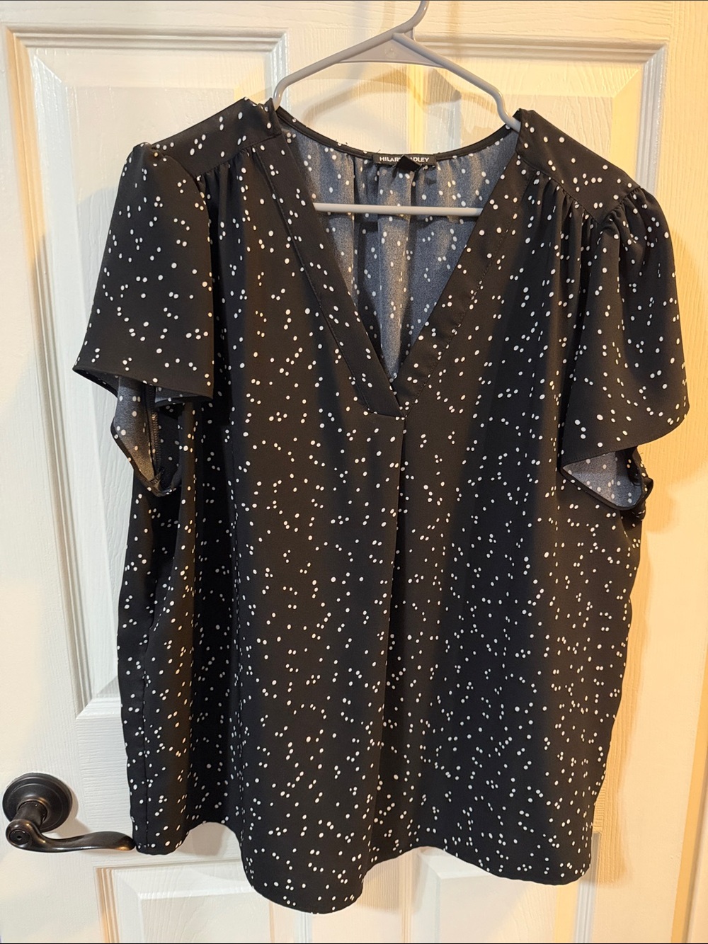 Hilary Radley Black Blouse with Polka Dot Print and V-Neck Top